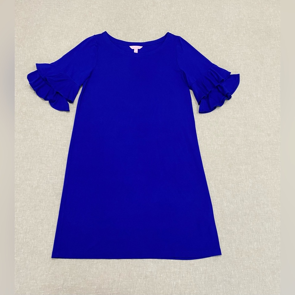 Lilly Pulitzer Lula Coastal Blue Ruffle Short Sleeve Dress Sz M Resort Preppy